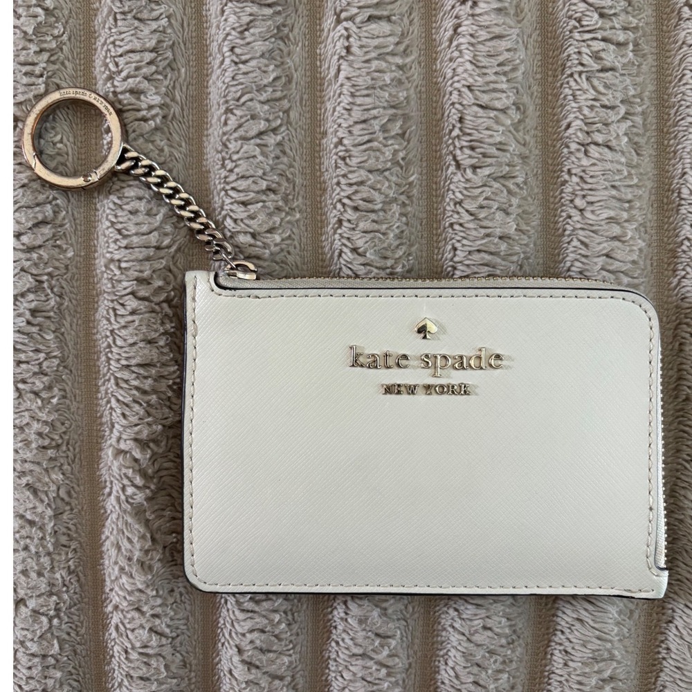 Kate Spade New York Saffiano Leather Zip Card Holder Key Ring Parchment White